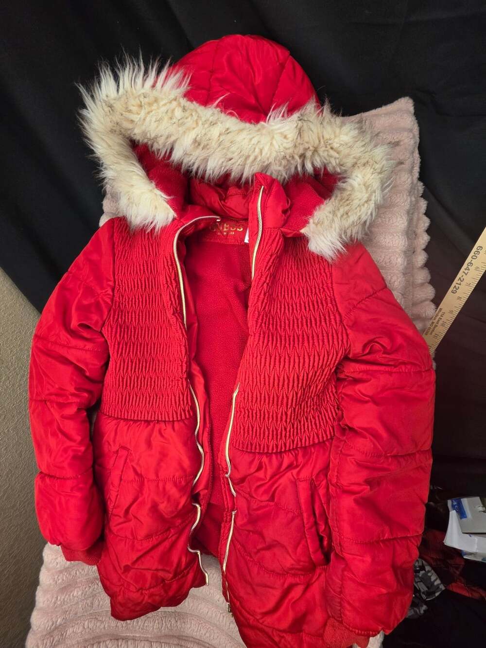Guess Red Puffer Jacket Faux Fur Hood